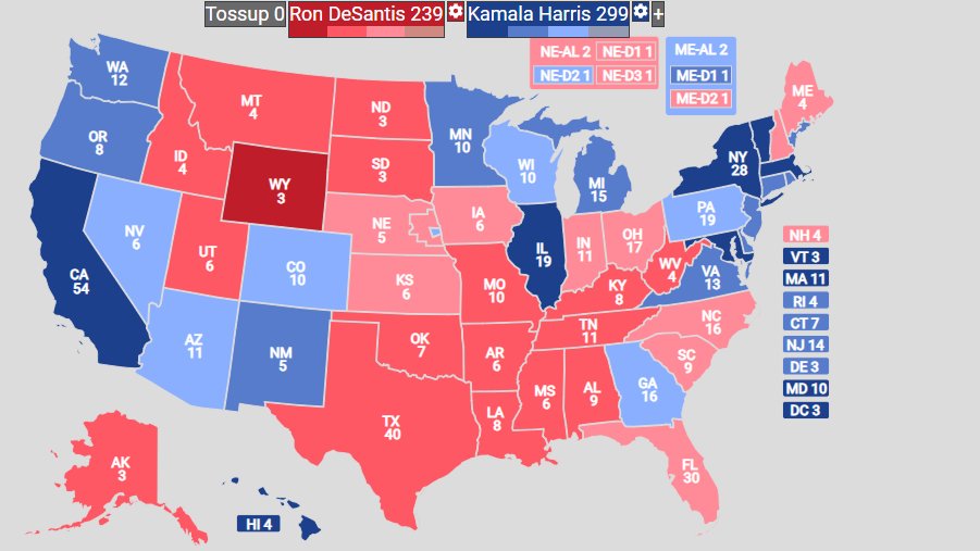 I asked ChatGPT to predict a 2028 scenario between Ron DeSantis and Kamala Harris. (Wyoming was the only state chatGPT said DeSantis would win by double digits). https://t.co/tli32KLUpg