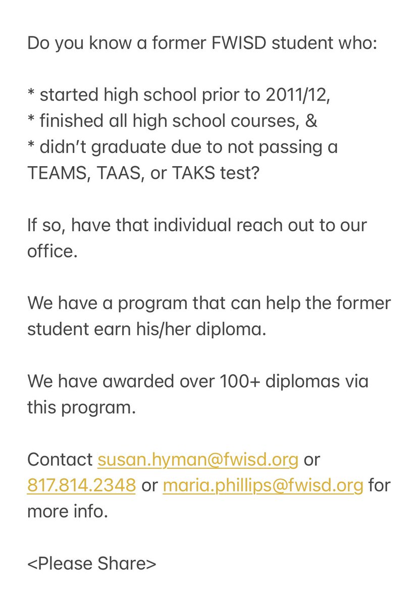 maria11tx's tweet image. Do you know a former #Fortworthisd student who didn’t graduate? Contact us for more info about obtaining a high school diploma #nevertoolate #freshstartprogram #onefortworth @CharlieGarciaFW  @gracie_guerrero @Melissa1Kelly @TBrownEducator @amramsey13 @dbenavidez2 @hcabal1