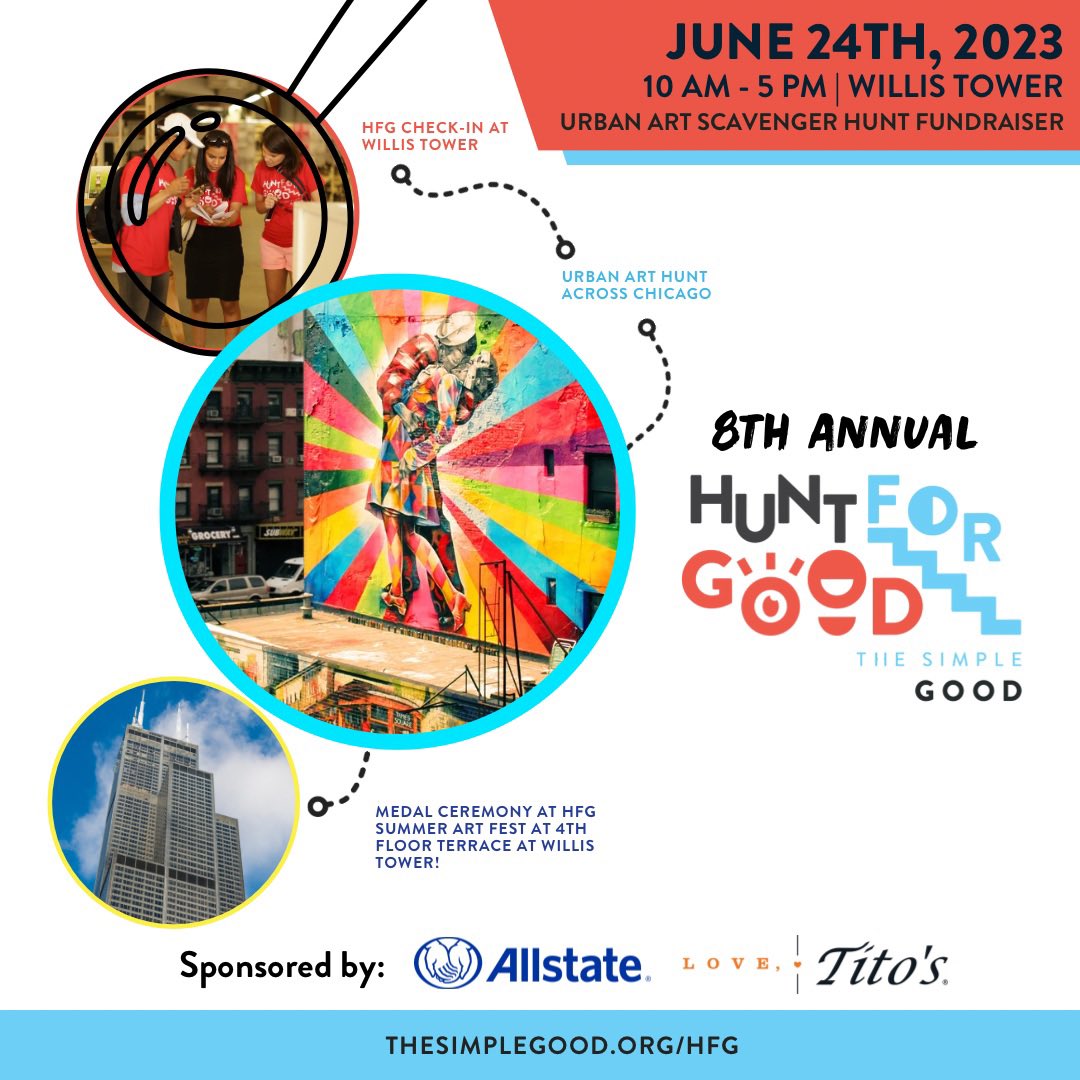 TheSimpleGood's tweet photo. LAST CHANCE to guarantee your Hunt For Good swag bag &amp; T-shirt by signing up for @HuntForGoodChi here: https://t.co/s0eRwYClII! Don't miss your chance to join the only urban art scavenger fundraiser in #Chicago to support the mental health of our youth through the arts! https://t.co/PqXAXGtCy0