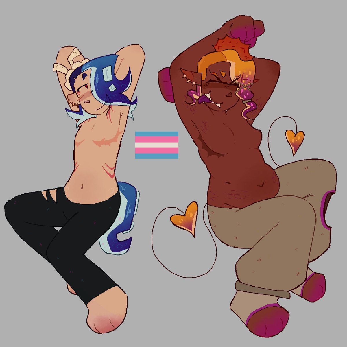 this was gonna say trans bodies are beautiful but idk how to make it fit so... mew..!!! anyways i ove them so much!!!!! (transmasc and transfem respectively)
#deepcut #frye #shiver #splatoon3