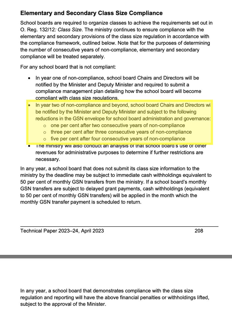 munakadri's tweet image. Did you know that the Ministry of Education financially penalizes school boards who reduce their secondary class size average below 23:1?

That means if boards &amp;amp; unions work together to find ways to reduce class sizes, boards lose funding. 

Proof in the photo. 

#onted #osstf