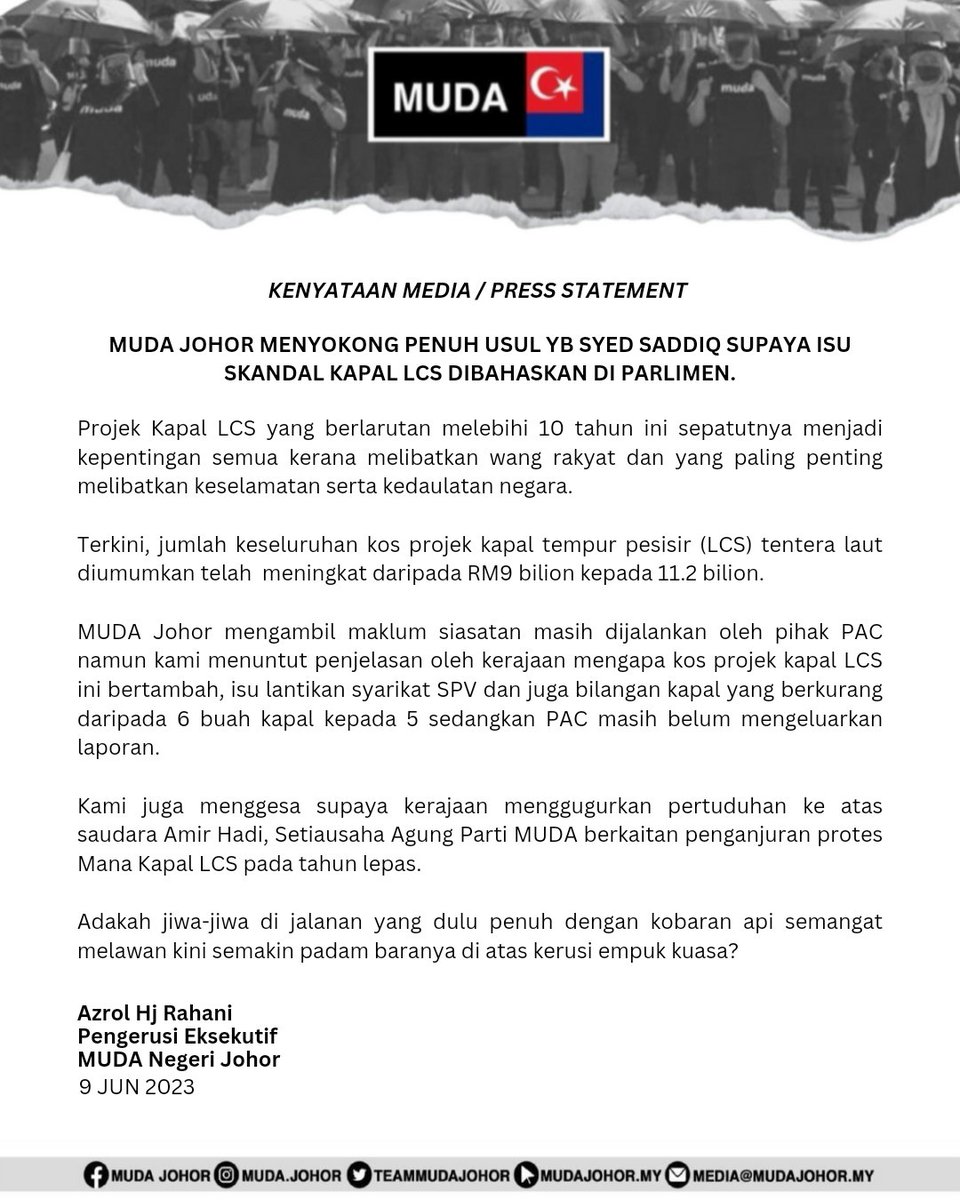 teammudajohor's tweet photo. Kenyataan Media : MUDA Johor menyokong penuh usul YB Syed Saddiq supaya isu skandal Kapal LCS dibahaskan di parlimen. - Pengerusi Eksekutif Parti MUDA Negeri Johor https://t.co/QhTp0DrWXg