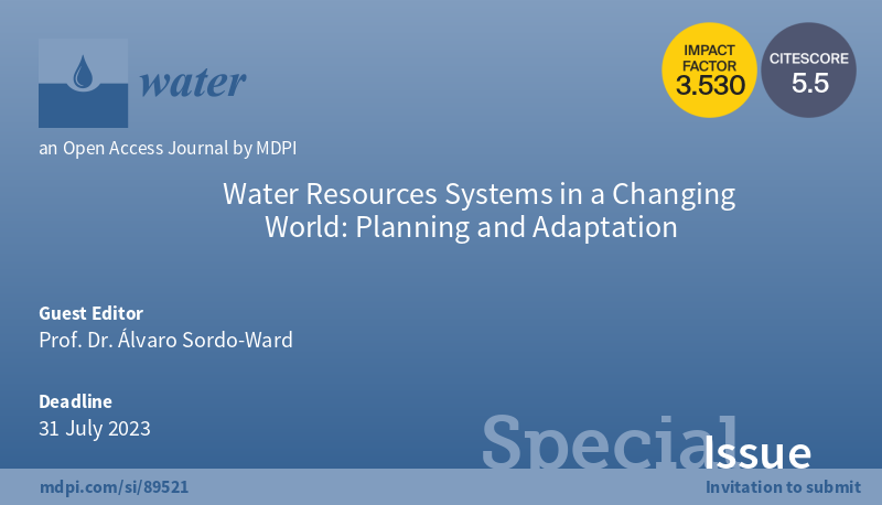 📢Call for papers for #SpecialIssue "#WaterResources Systems in a Changing World: Planning and Adaptation" 
⌛️Deadline: 31 July 2023
👤Guest Editor:  Prof. Dr. Álvaro Sordo-Ward
📬To contribute: mdpi.com/journal/water/…