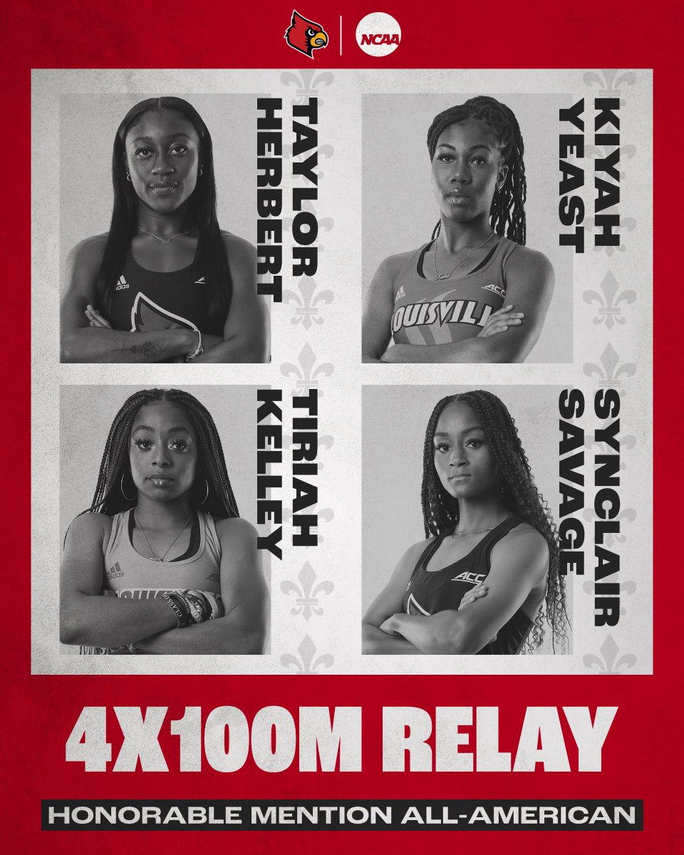 The 4x100m relay team of <a href="/Taayyy2x/">Taylor Herbert 💗</a>, <a href="/kiyah_yeast/">Kiyah Yeast</a>, <a href="/TiriahKelley/">Tiriah Kelley</a> &amp; <a href="/synclair_savage/">Synclair Savage</a> earns Honorable Mention All-American honors!

#GoCards x #NCAATF
