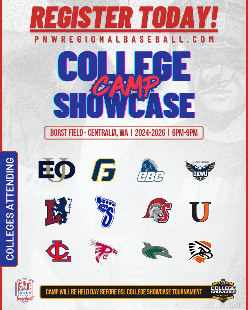 PNW Regional Baseball (@pnwbaseball) on Twitter photo Secure your spot today! ⚾️
Workout with top baseball programs and build relationships with college coaches. This camp will be before <a href="/GSLtournaments/">GSL Tournaments</a> College Showcase. Limited spots available. #PACStrong
✍️ Space is limited, so sign up now! pnwregionalbaseball.com
#PACStrong Secure your spot today! ⚾️
Workout with top baseball programs and build relationships with college coaches. This camp will be before <a href="/GSLtournaments/">GSL Tournaments</a> College Showcase. Limited spots available. #PACStrong
✍️ Space is limited, so sign up now! pnwregionalbaseball.com
#PACStrong