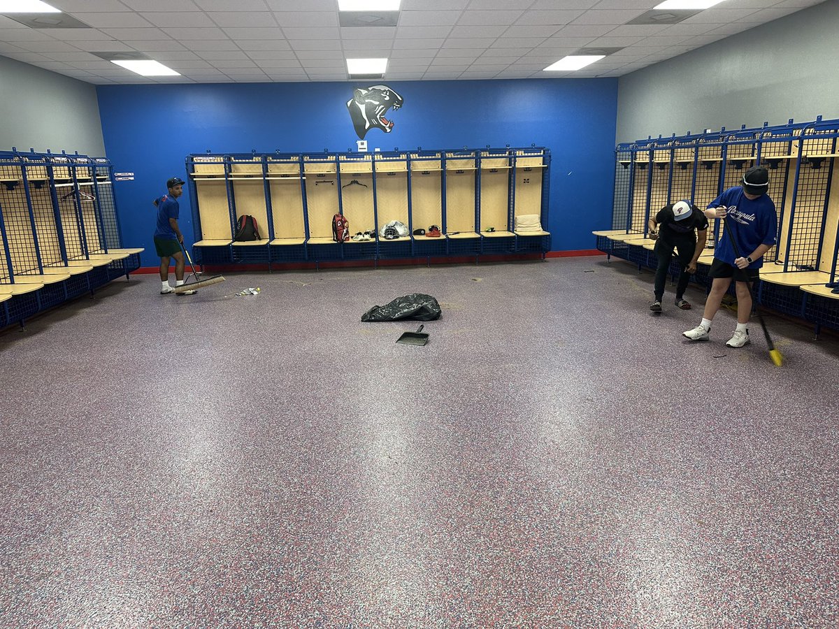 GoulaPanthers's tweet photo. First Team meeting of the Summer and these guys were more then willing to put some work in on getting the field right and cleaning up the fieldhouse! Taking PRIDE in what we have at Pascagoula will go a long way when it’s time for the season next February! #BUYIN https://t.co/0wr6aBjRYr