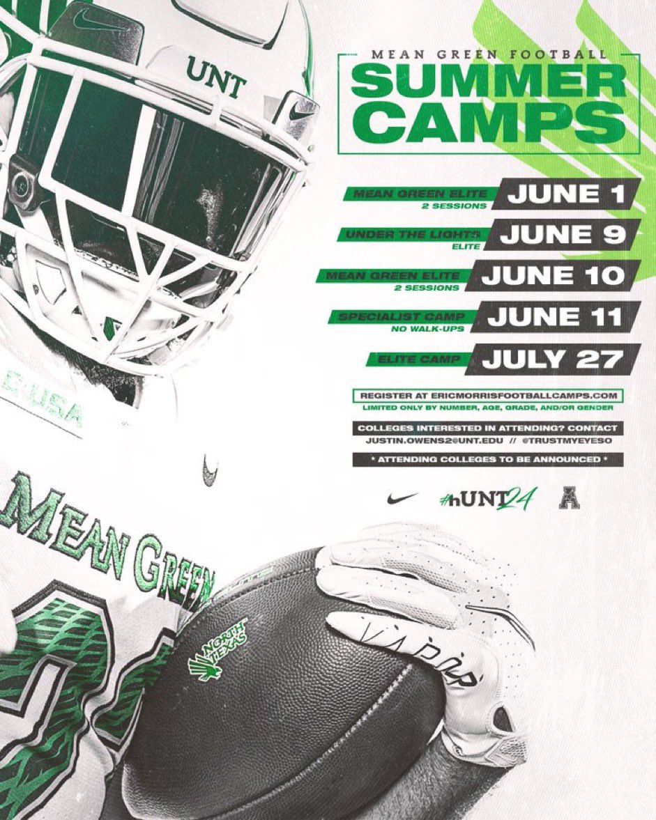 De’ondra Jefferson (@dats_dj467) on Twitter photo Excited to say I will be attending the <a href="/MeanGreenFB/">UNT Football</a> camp June 9th <a href="/On3Recruits/">Follow @Rivals</a>
<a href="/TXTopTalent/">TX TOP TALENT</a> <a href="/__CoachMorris/">Eric Morris</a>
<a href="/PlayBookAthlete/">PLAYBOOK ATHLETE</a> <a href="/MeanGreenSports/">Mean Green Sports</a> Excited to say I will be attending the <a href="/MeanGreenFB/">UNT Football</a> camp June 9th <a href="/On3Recruits/">Follow @Rivals</a>
<a href="/TXTopTalent/">TX TOP TALENT</a> <a href="/__CoachMorris/">Eric Morris</a>
<a href="/PlayBookAthlete/">PLAYBOOK ATHLETE</a> <a href="/MeanGreenSports/">Mean Green Sports</a>