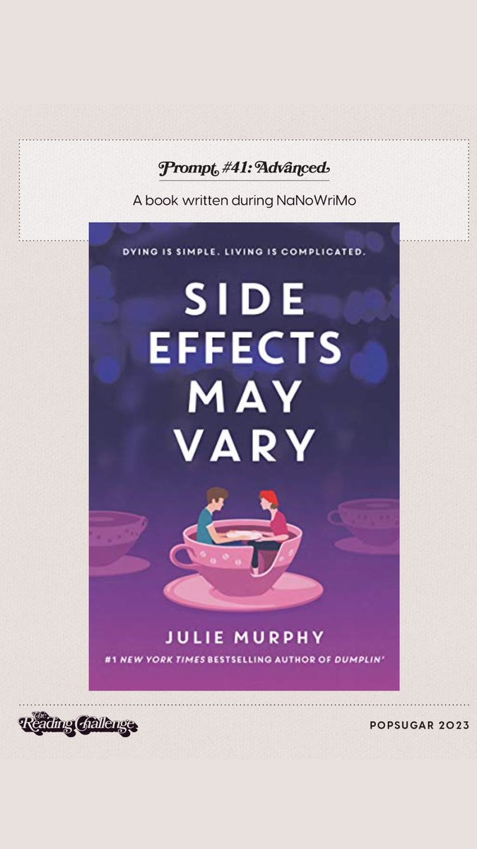 Escrito durante el NaNoWriMo: Side Effects May Vary de Julie Murphy.

millonesderequisitos.blogspot.com/2023/06/side-e…
#lecturas2023 #retodelectura #Popsugarreadingchallenge2023 #leoautoras