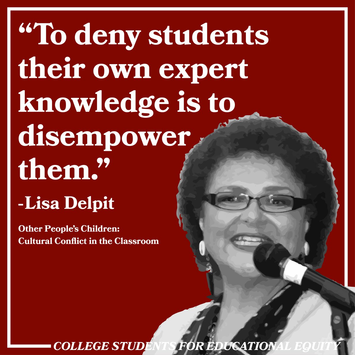 csforedequity's tweet photo. Lisa Delpit is a powerful &amp; impactful #educator who has spent four decades revolutionizing #AntiRacist and anti-oppressive #pedagogy and practice. Her work and insights students of color experiences of education are invaluable to thinking about power in the classroom. https://t.co/41CfV9hNY7