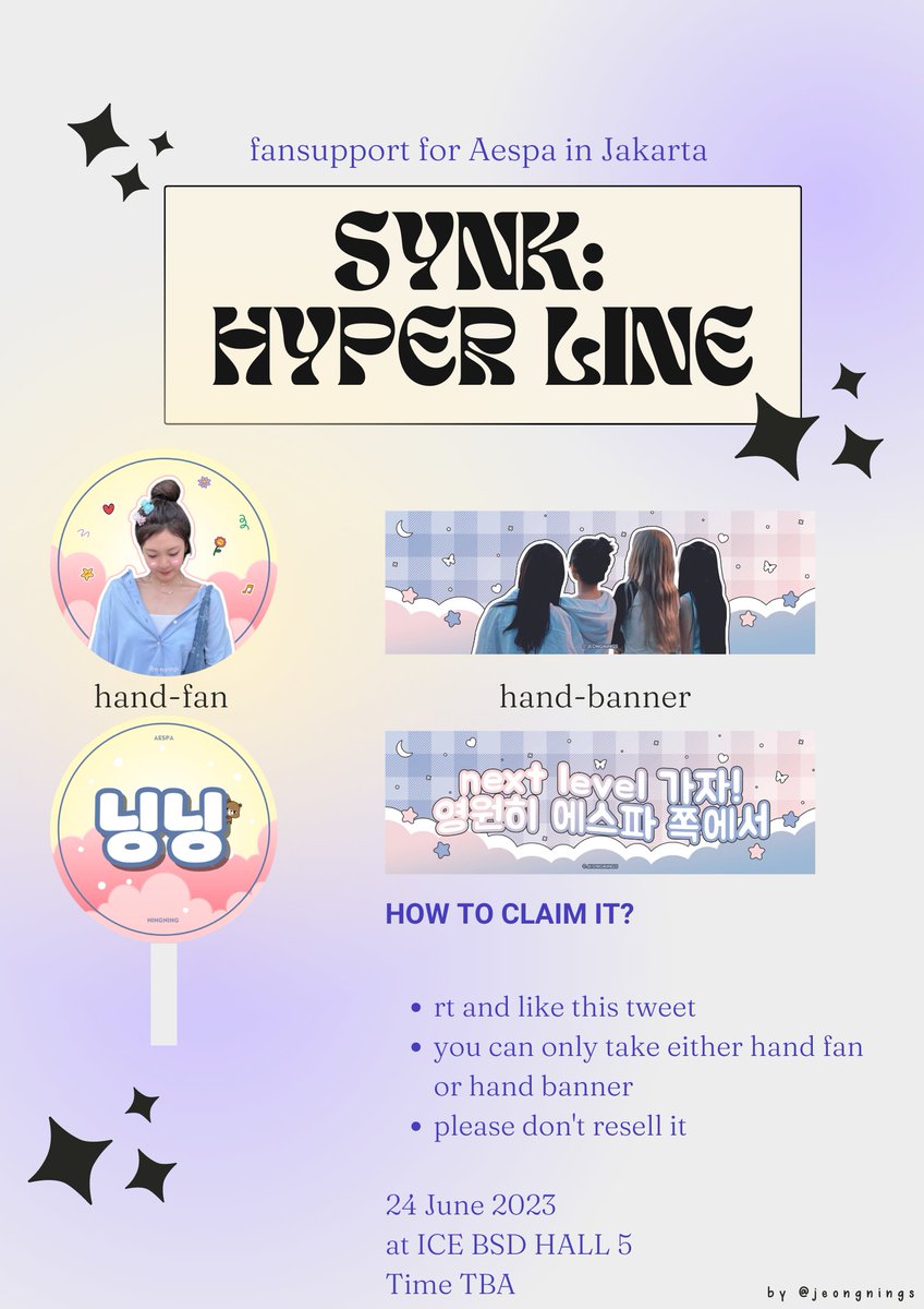 jeongnings's tweet photo. [FANSUPPORT FOR AESPA IN JAKARTA]

SYNK:HYPER LINE fan support by jeongnings
- rt and like this tweet 
- follow is optional 
- come and say hi, can either take one hand fan or one hand banner 
(limited quantity)

see you on 24th june at ICE BSD! 
#aespainjakarta #aespa https://t.co/edPLrQOBMJ