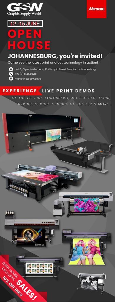 GraphixSupWorld's tweet image. You&apos;re invited to the Johannesburg Graphix Supply World&apos;s open house from 12 - 15 June 2023. This is your opportunity to see some of the most innovative products and printers from #Mimaki, #Kongsberg, #EFI, #DTM and more in action.