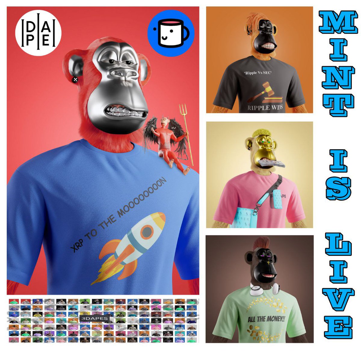 skipper_xrp's tweet photo. #3DAPES MINT IS NOW LIVE!

Hosted by @xrpcafe☕️ 

🦍IOU Redemption
🦍Random Serum Mint

Together with the brand new Website 2.0

Get yours #3DAPE now! @XRPL3DAPES https://t.co/B2erWKShvd