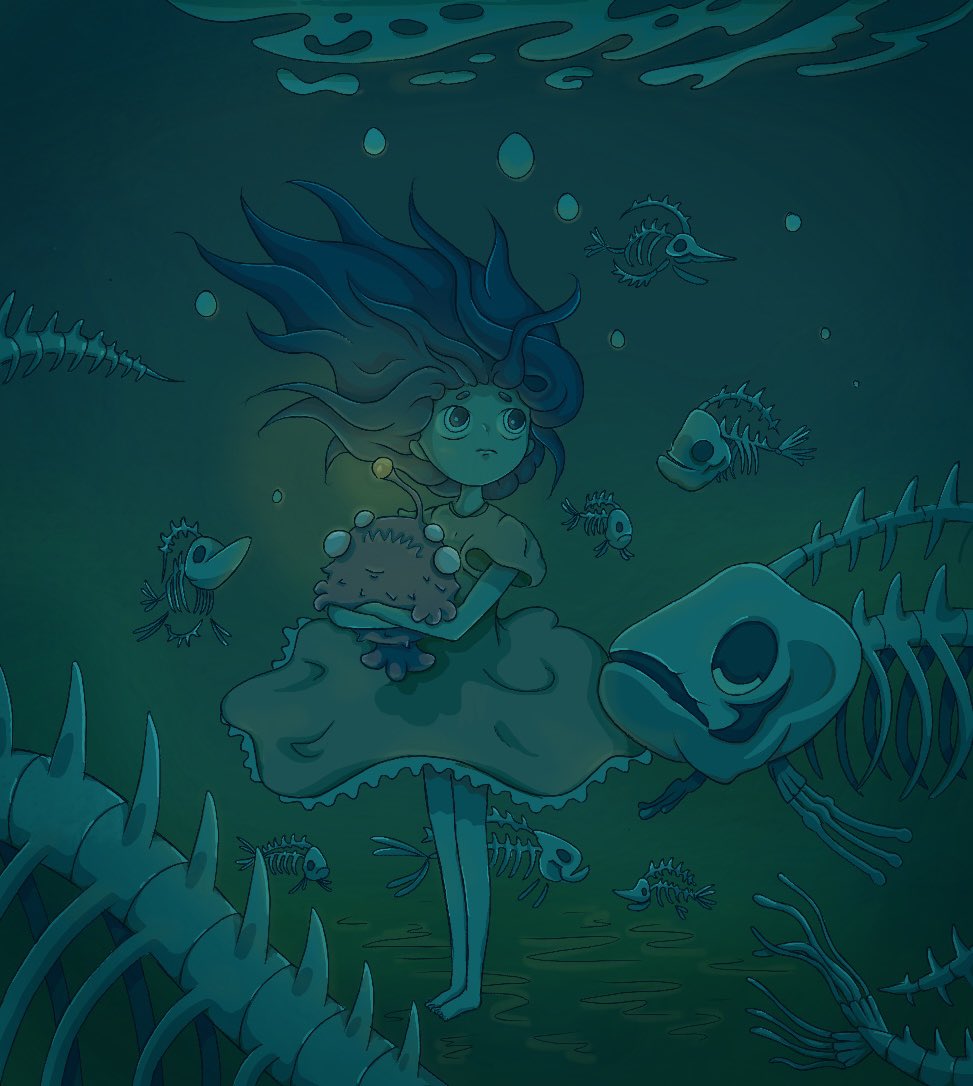 Post of the night!!! Been taking an osteology course and have been having to draw lots of bones, but these ones were for fun :))) very happy how it turned out I love blues and greens 💙💚 #artistontwitter #digitalart #artmoots #fishart