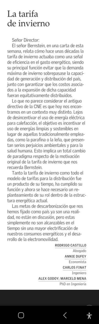 Les dejo carta que enviamos al mercurio junto a ⁦<a href="/cfinat/">Carlos Finat</a>⁩ ⁦<a href="/anniedufey/">Annie Dufey</a>⁩ ⁦<a href="/marcelomena/">Marcelo Mena-Carrasco 🚲♻️ 🇨🇱</a>⁩ y ⁦<a href="/AlexGodoyF_/">Alex Godoy-Faúndez</a>⁩ respondiendo al ex secretario ej. de la CNE, Sebastian Bernstein, sobre la tarifa de Invierno.