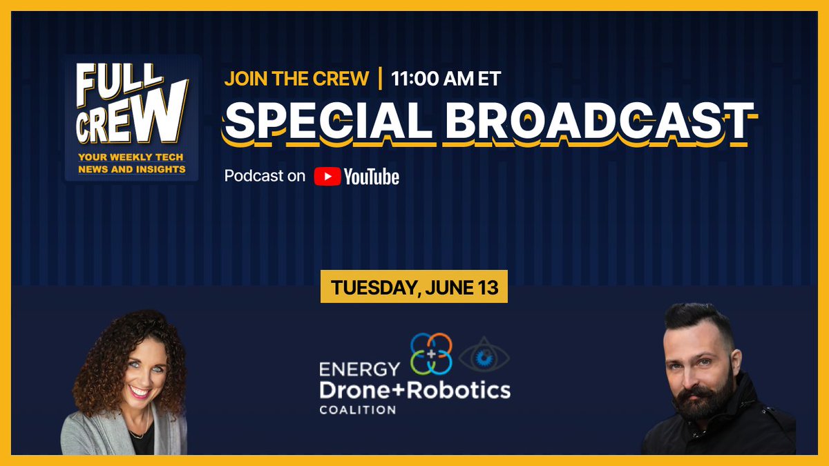 ⏭️ Next up:🎙️The <a href="/FullCrew/">TheFullCrew</a> LIVE from <a href="/enrgdrone/">Energy Drone & Robotics Coalition</a> Summit! Guests will include a string of industry leaders!  

⌚11 am CST
🔴Streaming on LinkedIn &amp; <a href="/Dawnp3T/">Dawn Zoldi</a> + #FullCrew YouTube Channels.