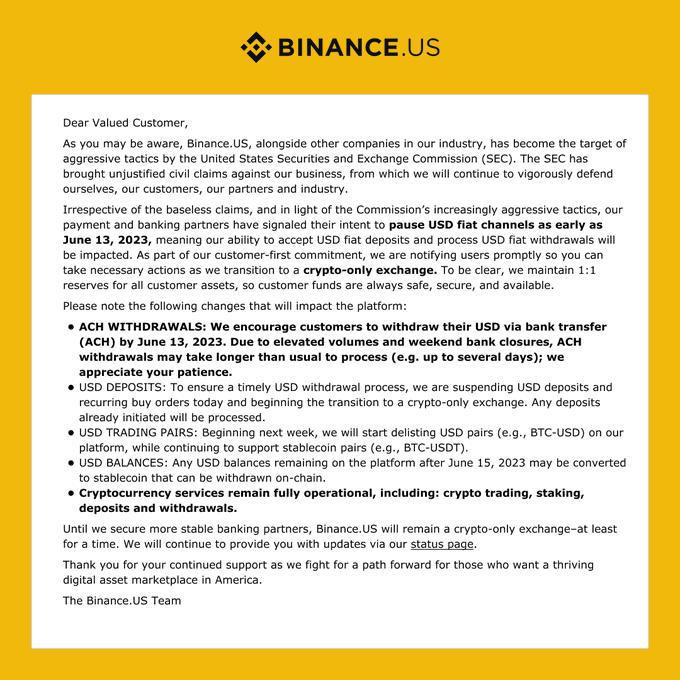 Avis de suspension des dépôts en USD sur Binance US