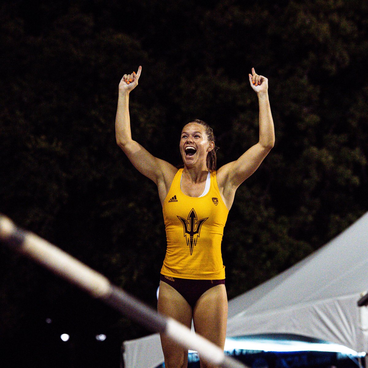 SunDevilTFXC's tweet photo. SEVANNA HANSON! She makes 4.30m/14-1¼ on the first attempt to set a new personal best and jump to No. 2 in program history! https://t.co/UiYaIzNsrl