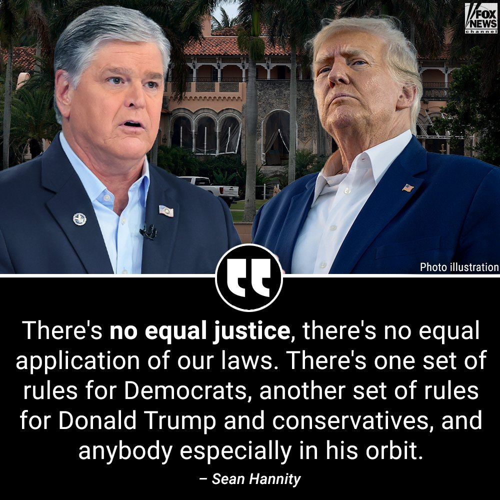 FoxNews's tweet photo. 'DARK DAY IN AMERICA': @seanhannity reacts to Donald Trump's indictment, says our "system of justice has been weaponized beyond belief." https://t.co/WEyE6590rH