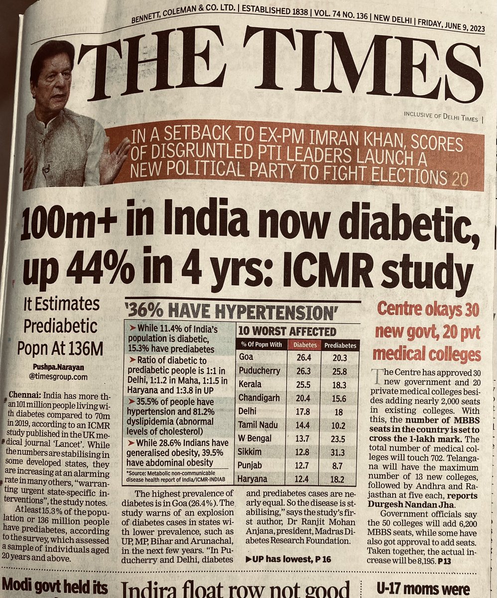 Moveribfan's tweet photo. #Diabetes goes up. @pushpanarayan ✍️@timesofindia
Hypertension and obesity rising. If we knew consumption of unsafe-ultra processed food products is associated with all 3 , when shall the policy makers wake up to a law to end advertising and warning label on such foods ? 🧵 https://t.co/6YC0XdkMHy