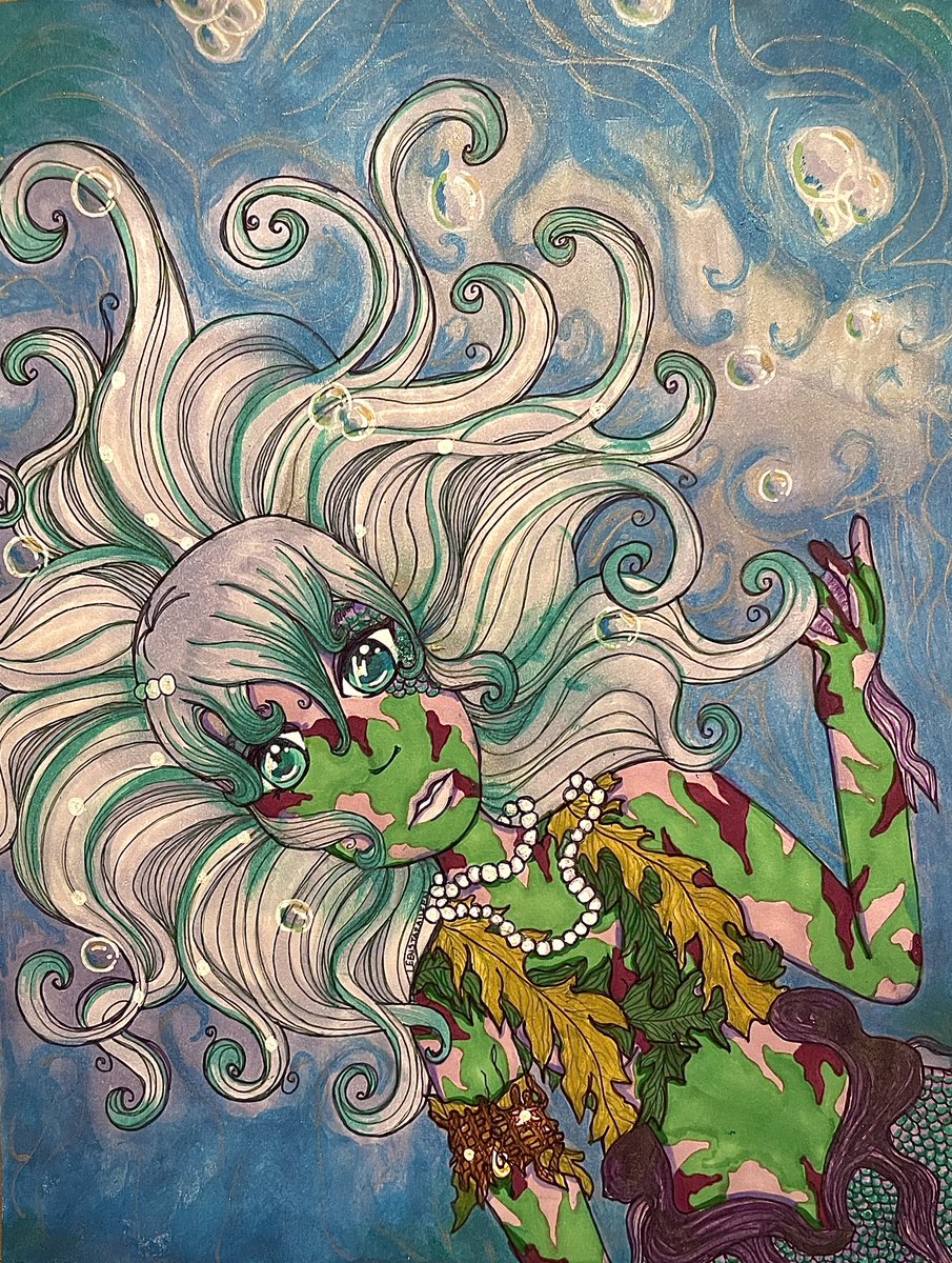 Kelp Mermaid, mix media of glitter ink and markers. #leenstataileen #drawing #illustration #artislife #artisart #mermaid #create #imagine