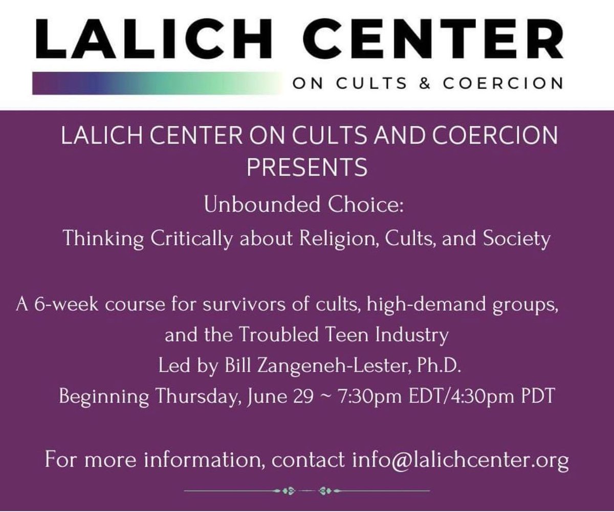 Our new course. This one is for survivors only. Will be open to the public in the Fall. Sign up for our mailing list at lalichcenter.org so you will get these announcements. For this course, contact info@lalichcenter.org