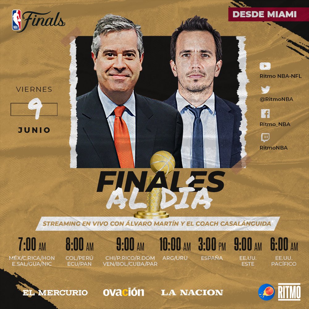 RitmoNba's tweet photo. ¡Se viene un nuevo #FinalesAlDía! En la previa del Juego 4, sigue el análisis de @AlvaroNBAMartin y el Coach @CasalanguidaN.
En simultáneo con @ElMercurio_DEP, @ovacionuy y @DeportesLN.
#NBAEspañol #NBAFinals #NBAPlayoffs #FinalesNBA #FinalesEnRitmo #EstamosEnRitmo https://t.co/o8UmU44UXB