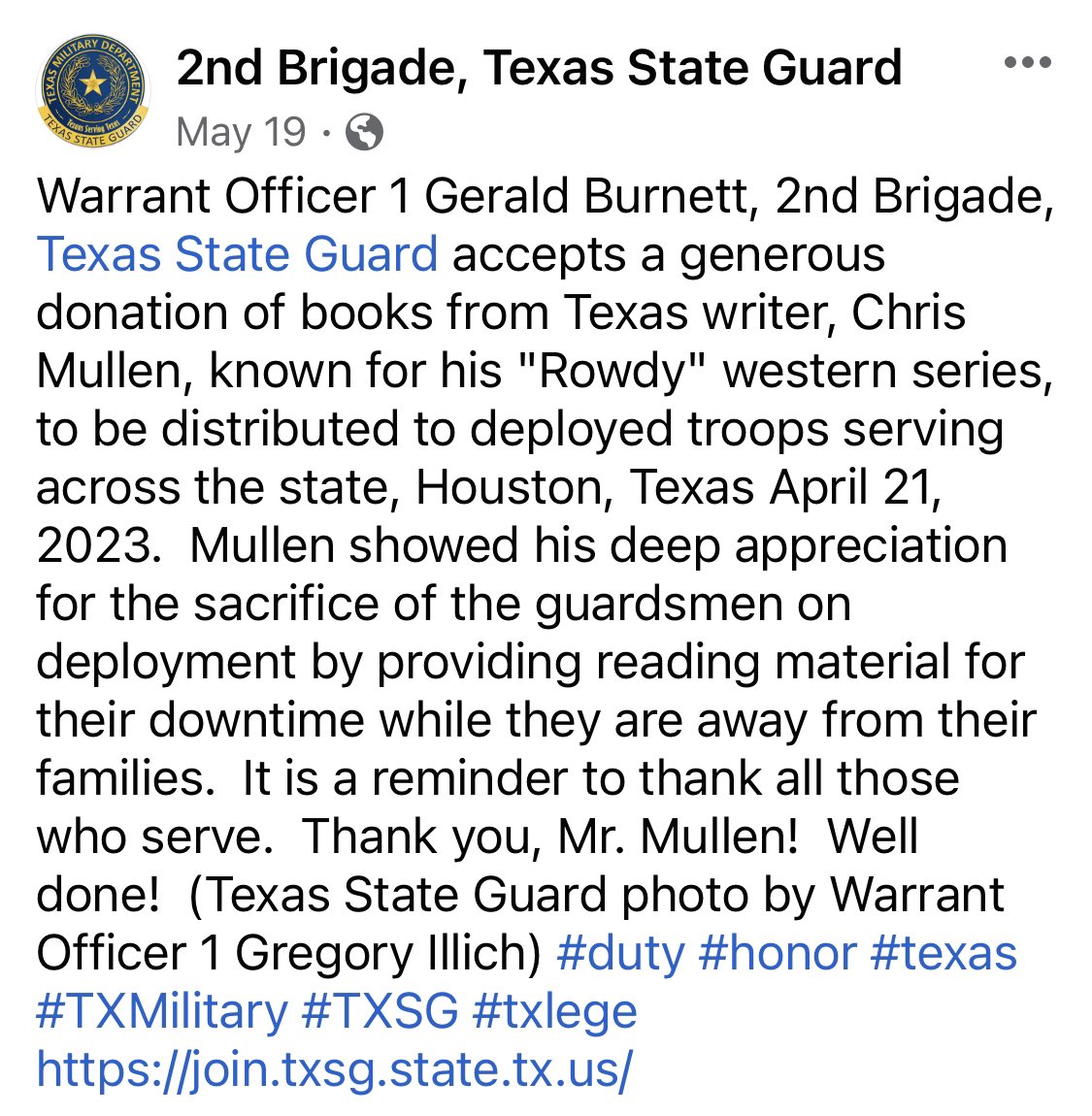 Supporting the men and women who protect our country is an honor. 
<a href="/RepTroyNehls/">Congressman Troy E. Nehls</a> 
#books4thebrave 
#Supportourtroops