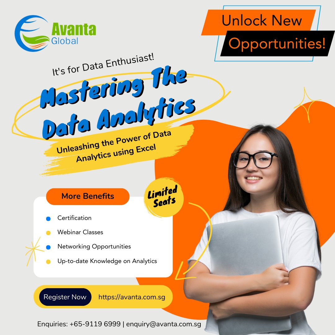 Avanta_Global's tweet image. Join "Data Analytics using Excel Course" and unlock the power of data analysis! Master Excel functions, formulas, visualization techniques, and gain insights into statistical analysis. Register now: bit.ly/3oO127V
#DataAnalytics #ExcelCourse #Singapore