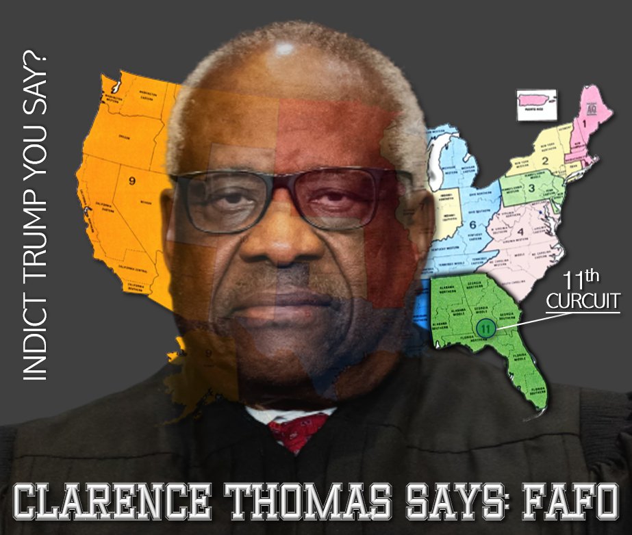 AwakenedOutlaw's tweet photo. If you think leftists hate #ClarenceThomas now, just wait until they figure this out.

As he's in #Florida, It's likely that #Trump will be arraigned in the 11th Circuit Court.  

Eleventh Circuit  oversight is assigned to Clarence Thomas, Associate Justice

Each of the thirteen federal circuit courts is assigned one #SCOTUS Justice who considers appeals (e.g., emergency requests and other motions).