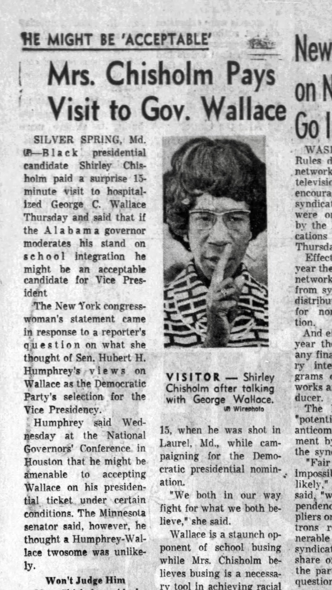 RetroNewsNow on X: "On June 8, 1972, Representative Shirley Chisholm made a  surprise visit to a hospitalized Alabama Governor George Wallace as he  recovered from an assassination attempt. Both were seeking the