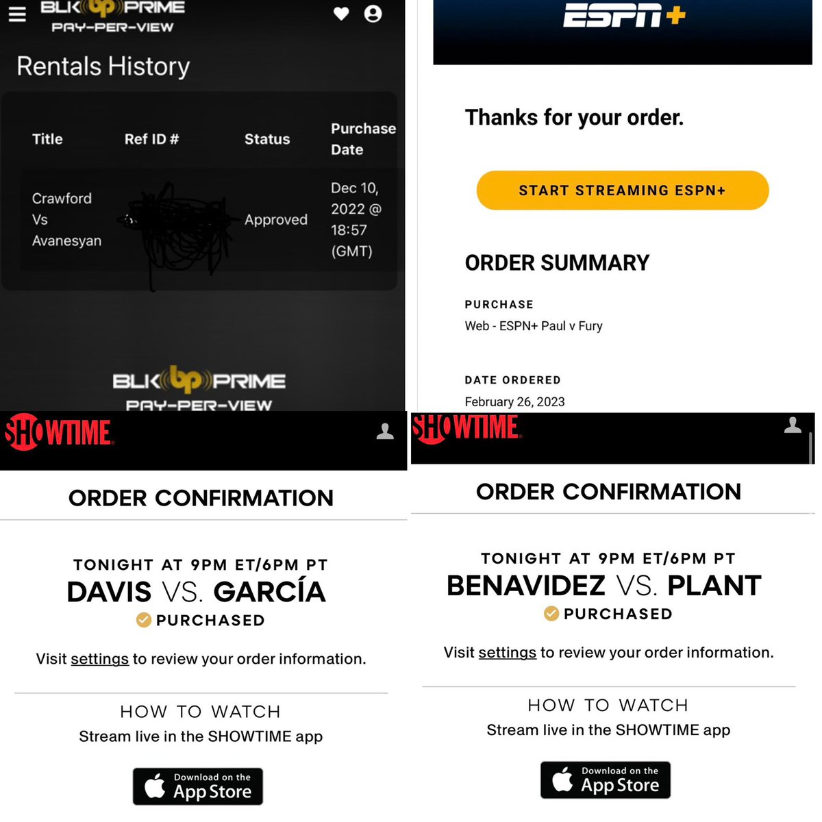 barziniofficial's tweet image. I Bought 7 Boxing PPV’S In 7 Months.  

1. Crawford vs Avanesyan #CrawfordAvanesyan 
2. Davis vs Garcia #DavisGarcia
3. Paul vs Fury #PaulFury
4. Benavidez vs Plant #BenavidezPlant
5. Davis vs Garcia 
6. Haney vs Loma #HaneyLoma
7. Broner vs Hutchinson #BronerHutchinson