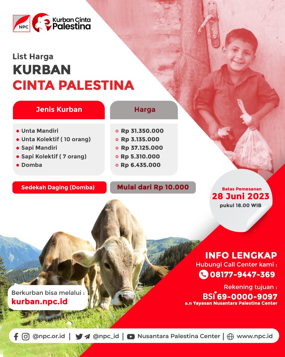 Nusantara Palestina Center (NPC) memeriahkan Hari Raya Iduladha dengan program Kurban Cinta Palestina di Jalur Gaza, Palestina.

Hubungi 0817-7944-7369 (Abdullah Bawazir) atau klik halaman kurban.npc.id 

#palestina #palestine #gaza #jalurgaza #gazastrip #kurban #qurban