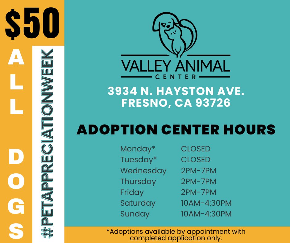 In celebration of #PetAppreciationWeek, our adoption fees for all #dogs have been reduced to $50. Discover the joy and support dogs give everyday. Come visit our adoptables in person at our adoption centers. VIEW: bit.ly/3rQYiU0