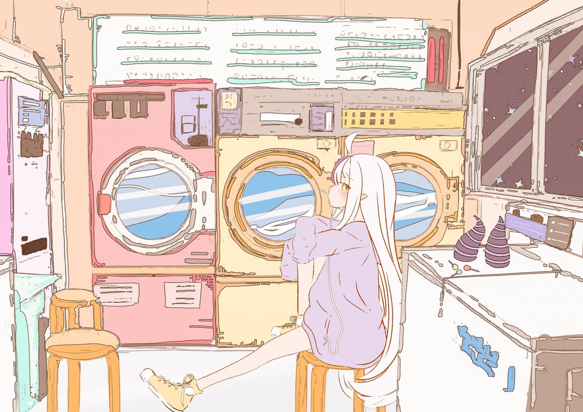 1girl solo long hair horns sitting washing machine shoes  illustration images