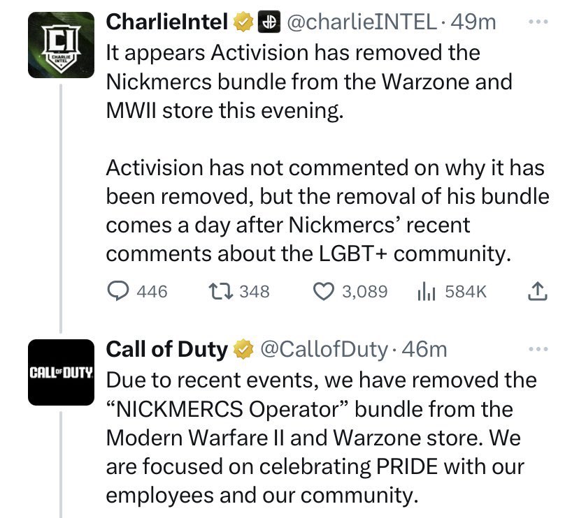 Gaming streamer @NICKMERCS is being punished by Call of Duty for saying LGBTQ+ political activists should “leave little children alone”

They’ve completely removed his partnership bundle from the Warzone and MWII store

This is ideological warfare.