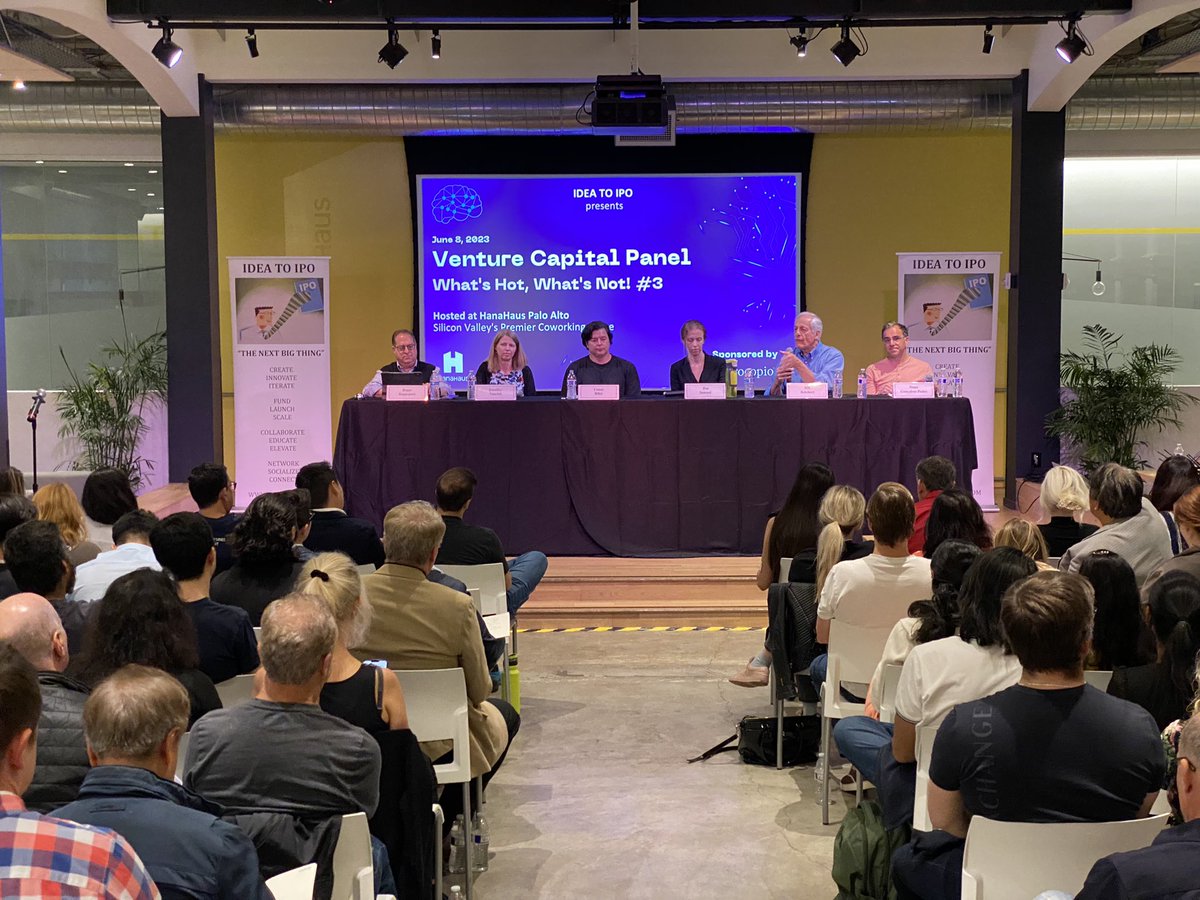jowyang's tweet photo. Palo Alto Hanahouse is standing room with startups, investors. 

VC panel: 
-not slowing down investments, expects down economy for another 1-2 years
-Gen AI trend compared to dot com and web2 wave. But overhyped 
-“Generative” is a misnomer, it’s regurgitating
 
 #IDEAtoIPO https://t.co/vdCduiVI0o
