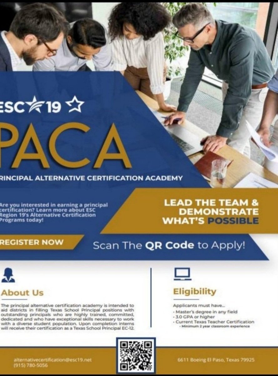 Interested in using your Master’s Degree towards a Texas Principal Certificate? You can use any Master's Degree from any field! ESC Region 19 is currently accepting applications for our PACA Academy that starts in September!
Join us!