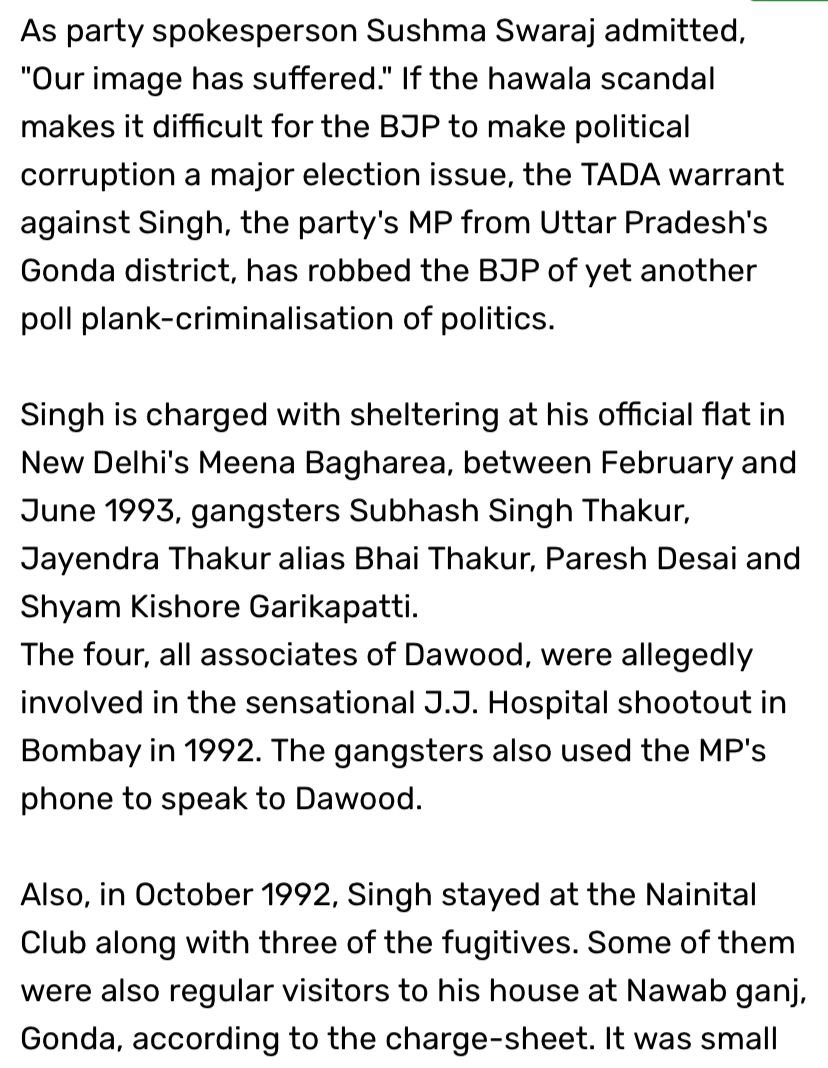 Brij Bhusan Singh was locked up under the Terrorist & Disruptive Activities Act. He was charged with sheltering Dawood Ibrahim’s associates & #Terrorists of the same gang at his residence in New Delhi.

‘Our image has suffered’ admits Late Sushma Swaraj ji in 1996