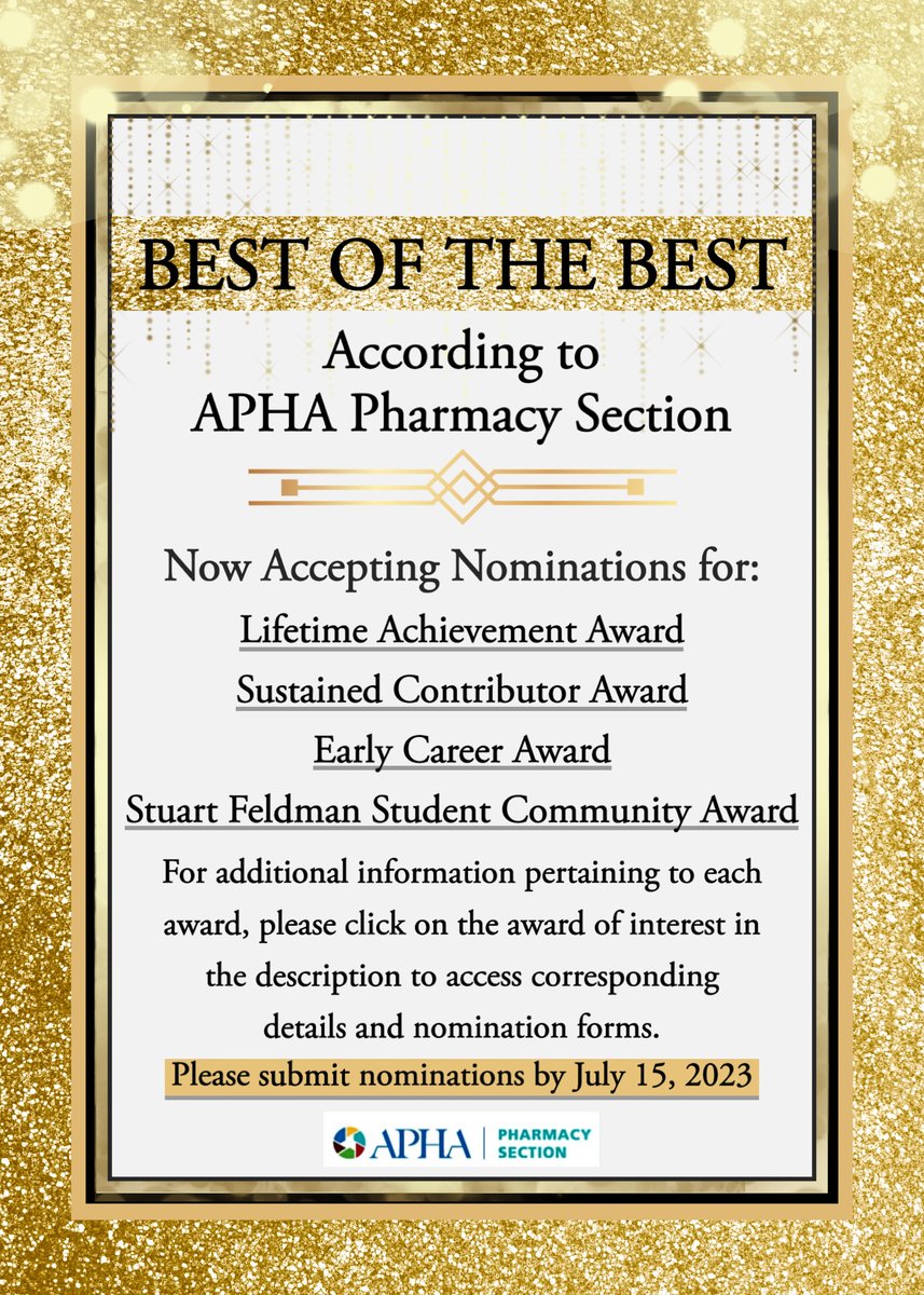 AphaPharmacy's tweet photo. Please submit nominations for the following awards to the APHA-Pharmacy Section:

Early Career

https://t.co/DLrnsDbwId

Lifetime Achievement

https://t.co/yV5eAYf6yX

Stuart Feldman Student Achievement

https://t.co/IJovXyF46f

Sustained Contributor

https://t.co/VJsY7hbqXd https://t.co/ucKBB7sQTq