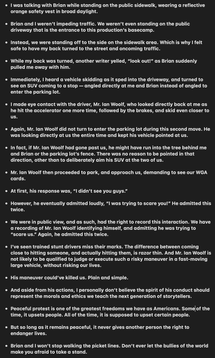 <a href="/TheBrianwrites/">Brian Egeston</a> Gabriel Alejandro Garza here. I'm a WGA Strike Captain, and the other writer standing next to Brian when this happened.  I joined Twitter jsut know to post this: