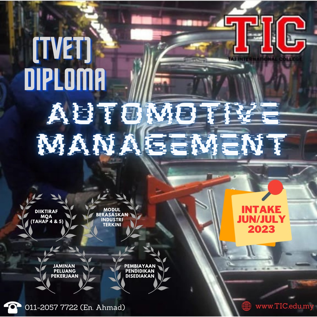 tajcollege's tweet photo. 📢PENGAMBILAN JUN/JULAI 2023 DIBUKA

✒️PROGRAM DIPLOMA TVET PENGURUSAN AUTOMOTIF

Golongan yang layak memohon :
✅️ Lepasan SPM (3 kredit ke atas)
✅️ Golongan bekerja 
✅️ Lepasan SPM, STPM, Lepasan Tahfiz
✅️ Lepasan Sijil Kemahiran Tahap 3 

Ayuh daftar segera‼️ https://t.co/lcR00ZwaEP