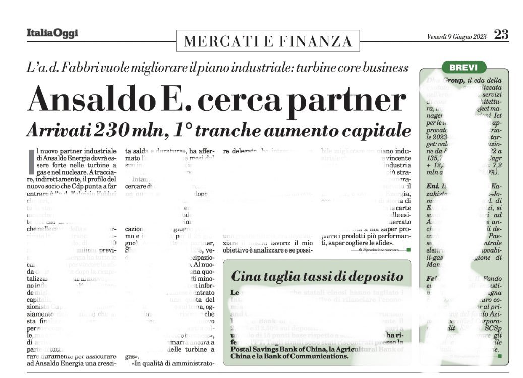 Cercasi partner per <a href="/AnsaldoEnergia/">Ansaldo Energia</a>. Ieri l’ad Fabrizio Fabbri ha confermato: “al momento non c’è un partner, ma siamo aperti a collaborazioni”. Pallino in mano a <a href="/GruppoCDP/">Cassa Depositi e Prestiti</a>.
Il mio pezzo in pagina su ItaliaOggi.

#MFNewswires #MFNewswiresEnergy #Energy #energia #AnsaldoEnergia