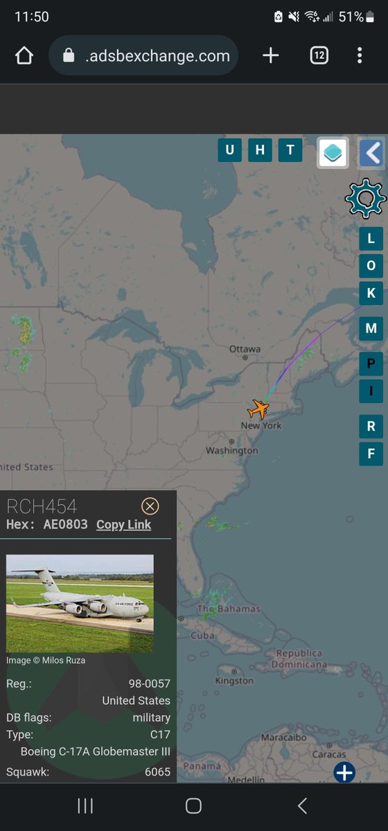 TieDyeIntel's tweet photo. Strange one here - #AE0803 98-0057 showing up as different call signs depending on where you look. "RRCH429" on desktop @ADSBex  and RCH Flights section of @thebaldgeek's site,  "RCH454" on mobile ADSBex, and then "RCH555/GOTHAM6" on mil movements of TBG's site. https://t.co/8v3pQ0wTxf