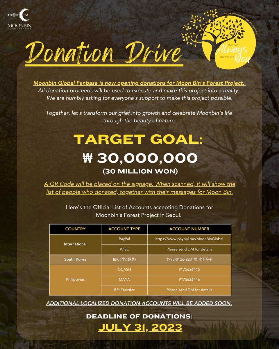 MoonBinGlobal's tweet image. [🌳] TO THE MOON WHO SHINES THE BRIGHTEST: we will ALWAYS be with YOU

Donation Drive for the MoonBin Forest is now OPEN!

Target Amount: 30,000,000 Won

A QR Code will be placed on the signage. When scanned, it will show the list of people who donate together with their messages…