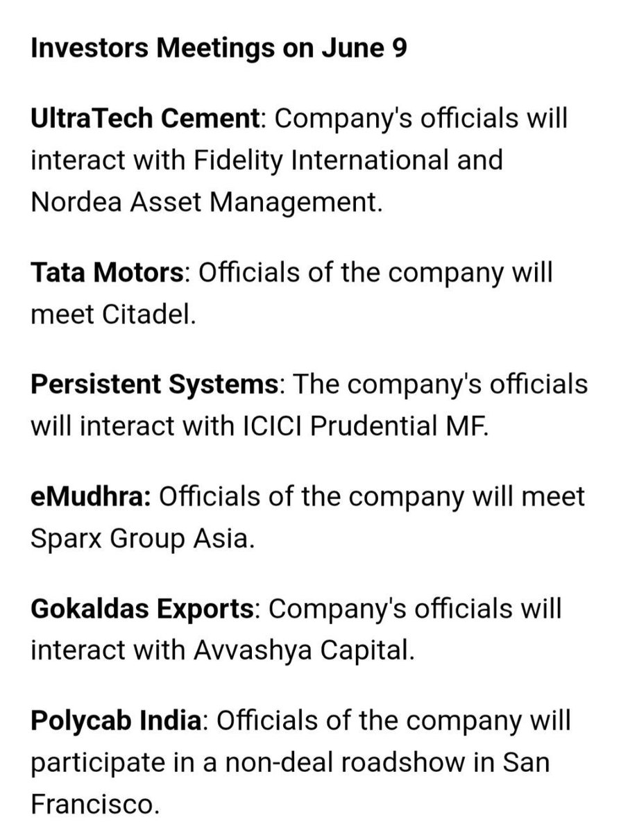 INVESTER MEETINGS ON JUNE 09 23
#ULTRATECH CEMENT
#TATAMOTORS
#PERSISTENT SYSTEM
#eMUDHRA
#GOKULDAS EXPORTS
#POLYCAB
