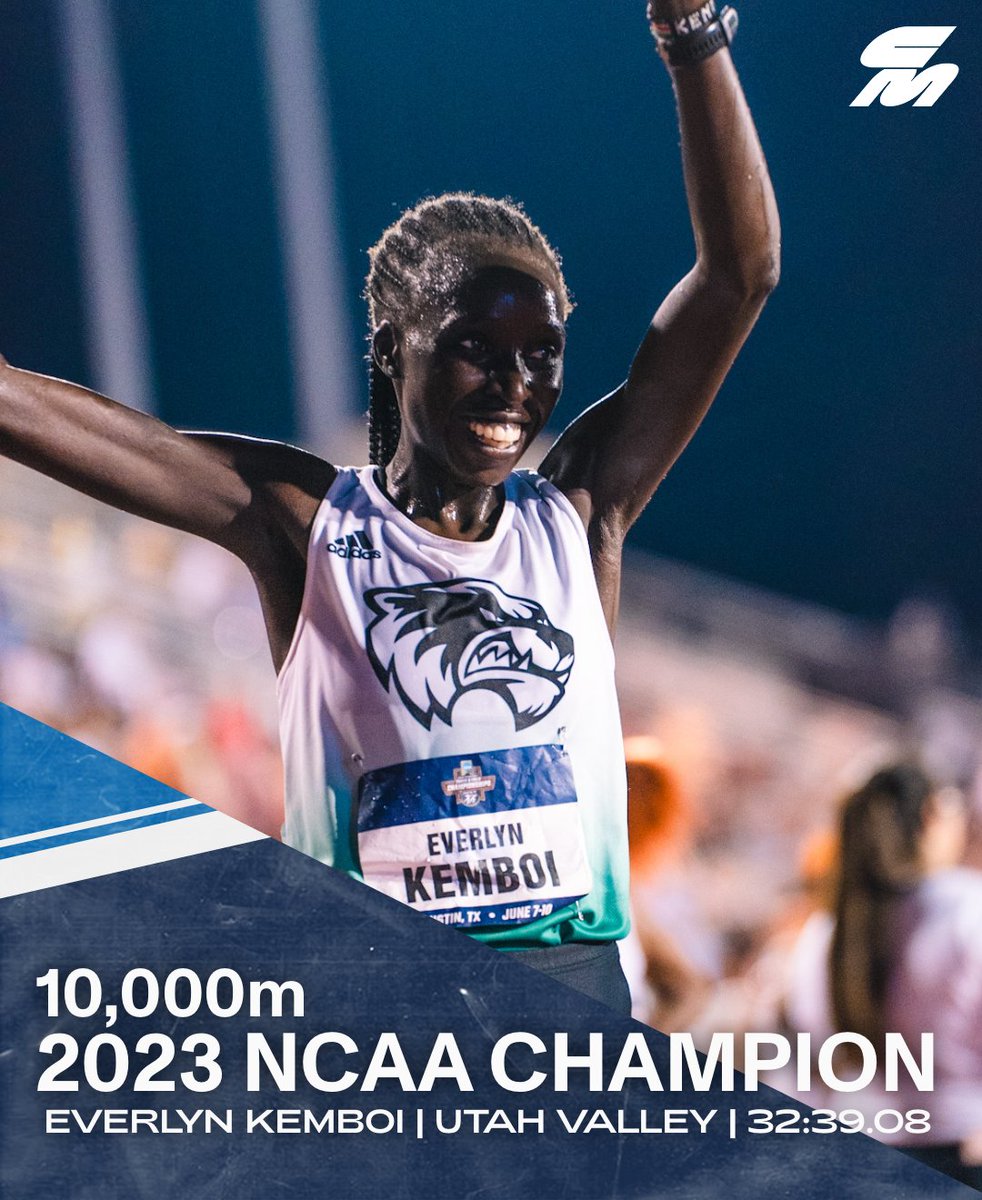 THE FIRST UTAH VALLEY NCAA CHAMP 🏆
 
Everlyn Kemboi of Utah Valley closes the #NCAATF 10,000m with a 4:51 1600m to win the Wolverines' first national title in 32:39.08.
 
Best NCAA finish before tonight was 12th. A masterclass of patience &amp; a stadium record to boot.
