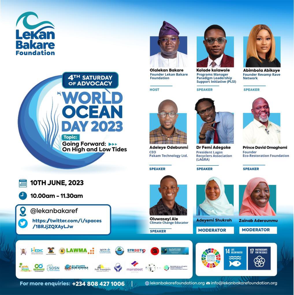 I've been invited to join a panel discussion on World Ocean Day 2023, hosted by the @LekanbakareF.
 Join me on Saturday June 10 on Twitter space as we dive deep into this important issue. #WorldOceanDay #LekanBakareFoundation #HighAndLowTides #OceanConservation