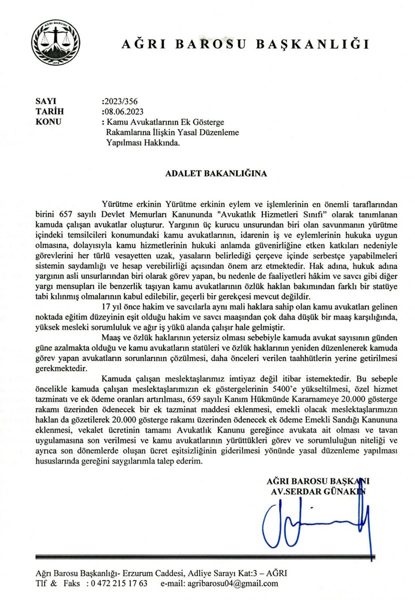 AgriBarosu's tweet photo. Baro başkanlığımız kamu avukatlarının statüleri ve özlük haklarının yeniden düzenlenmesine, kamuda görev yapan avukatların sorunlarının çözülmesine ilişkin gerekli yasal düzenlemelerin yapılması için Adalet Bakanlığı'na talepte bulundu.
Meslektaşlarımıza saygıyla duyurulur. https://t.co/249HgGY4Ec