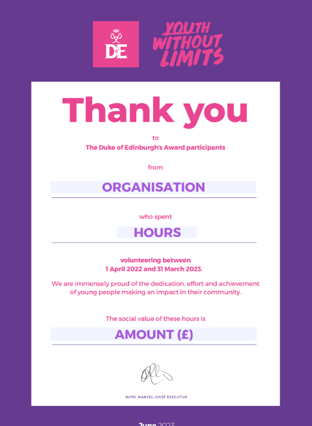 Wednesday marked the end of #VolunteersWeek and all LO's delivering DofE were able to download and print their Social Value Certificates showing the amazing impact their young people have made. 
Instructions can be found here: help.edofe.org/hc/en-gb/artic…
