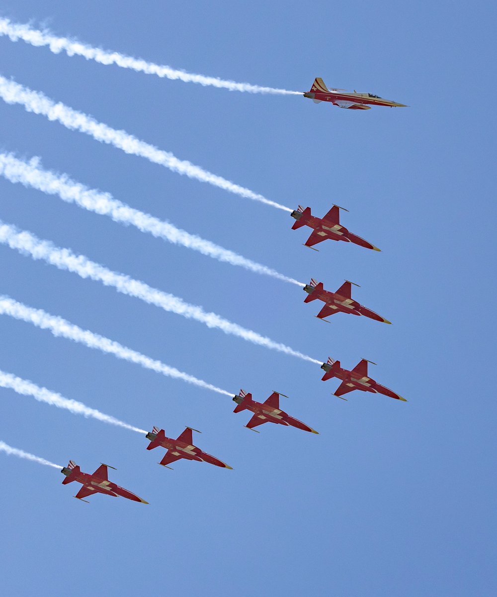 The Patrouille Suisse aerobatic team break for the circuit on arrival over Shropshire.